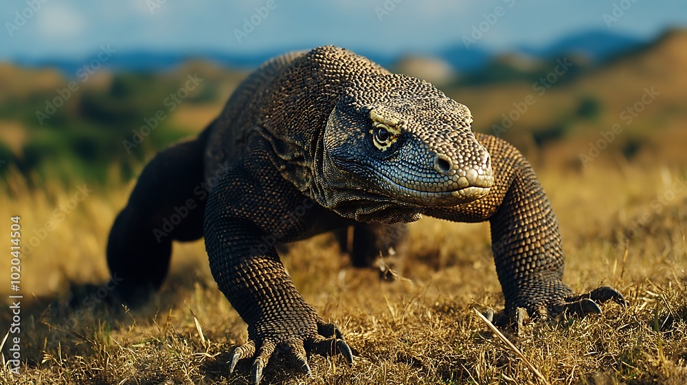 Obraz premium A close-up of a Komodo dragon walking through a grassy landscape.