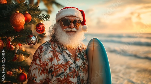 Realistic Santa Claus on a tropical beach, wearing a Hawaiian shirt and sunglasses, standing next to a decorated palm tree with Christmas ornaments, holding a surfboard,