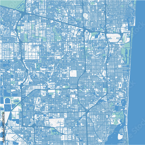 Map of Pembroke Pines in Florida in a professional blue style. Contains layered vector with roads water, parks, etc.