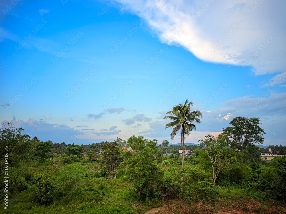 The photo shows a beautiful landscape with a clear blue sky and fluffy white clouds. In the foreground, there is a lush green field with a few scattered trees. The photo shows a beautiful landscape with a clear blue sky and fluffy white clouds. In the foreground, there is a lush green field with a few scattered trees.