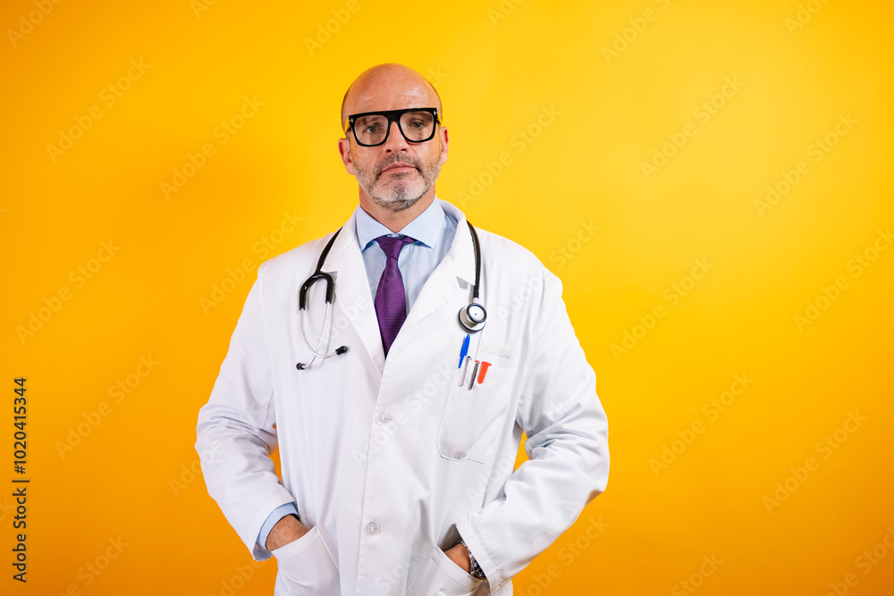 A confident doctor, wearing a white coat and holding a stethoscope. A confident doctor, wearing a white coat and holding a stethoscope.