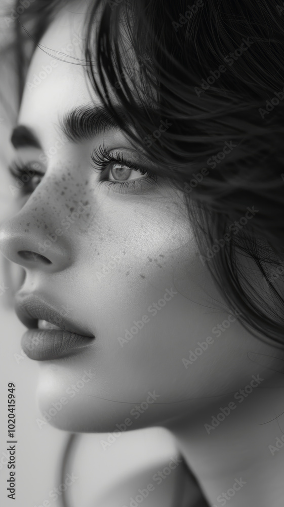 Black and White Portrait of woman model with flawless skin posing in profile, close up of beautiful female