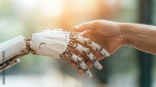 A robotic hand makes a gentle connection with a human hand, representing the convergence of technology and humanity, highlighting a futuristic harmonious interaction. photo