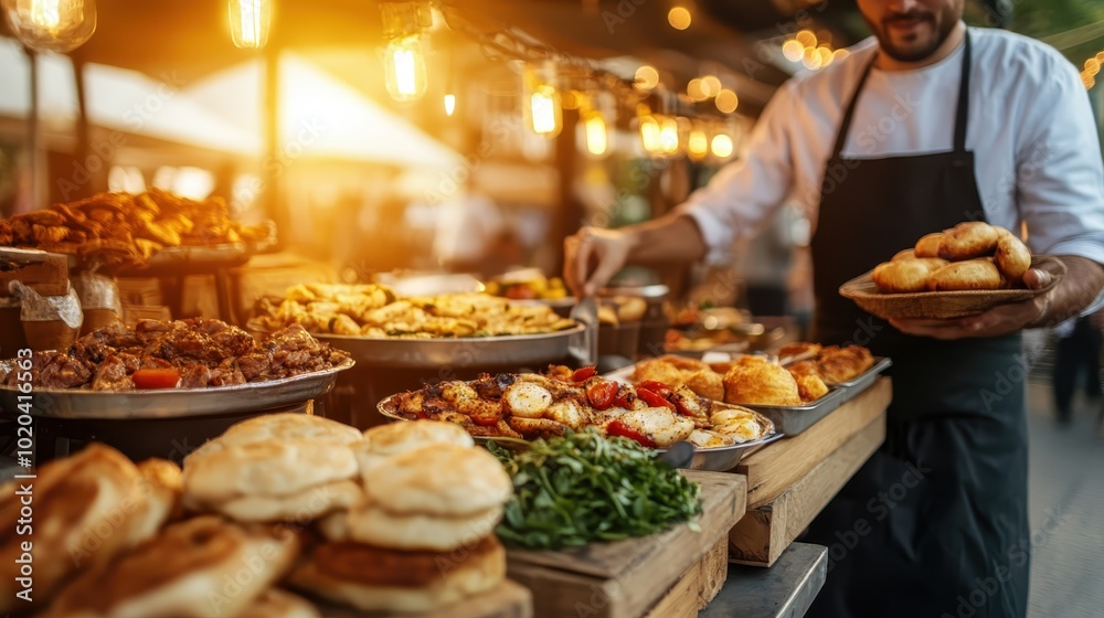 Fototapeta premium A street food vendor enthusiastically serves a variety of fresh dishes, surrounded by glowing string lights, capturing the lively spirit of a busy food market.