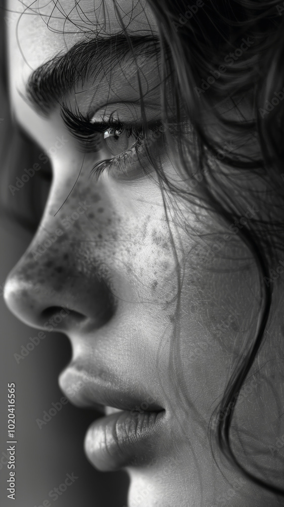 Black and White Portrait of woman model with flawless skin posing in profile, close up of beautiful female Black and White Portrait of woman model with flawless skin posing in profile, close up of beautiful female