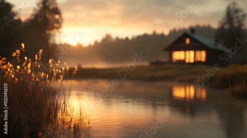 A rustic cabin is reflected in the serene waters of a lake as the sun rises, embodying peace, solitude, and the untouched beauty of natural landscapes.