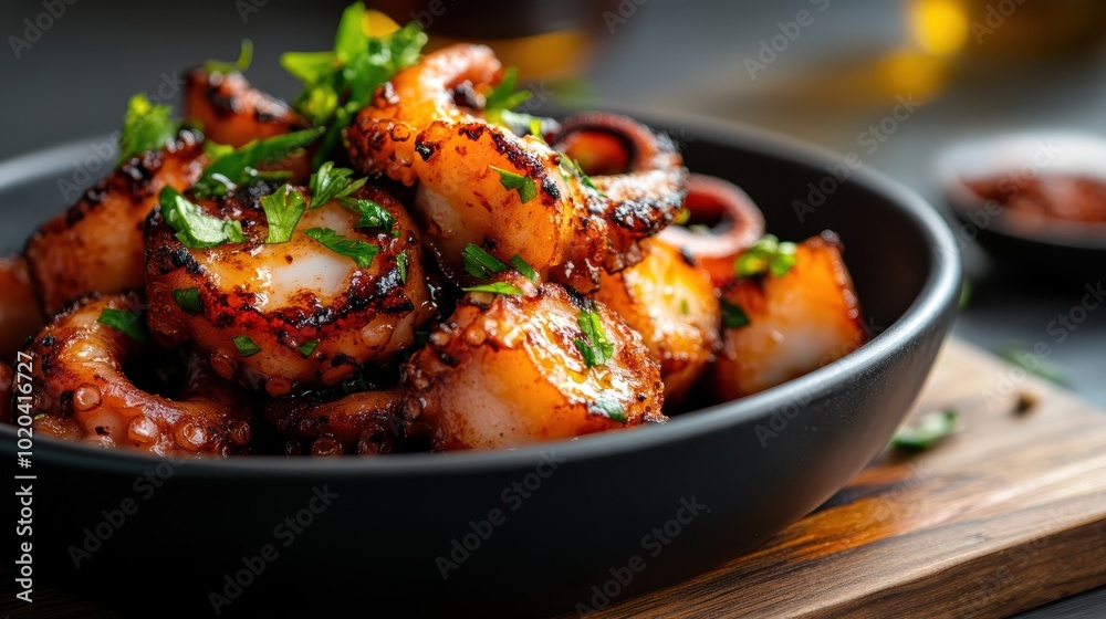 A delectable dish of grilled octopus is served in a black bowl, garnished with fresh herbs, capturing the essence of gourmet cuisine with emphasis on flavor and presentation. A delectable dish of grilled octopus is served in a black bowl, garnished with fresh herbs, capturing the essence of gourmet cuisine with emphasis on flavor and presentation.