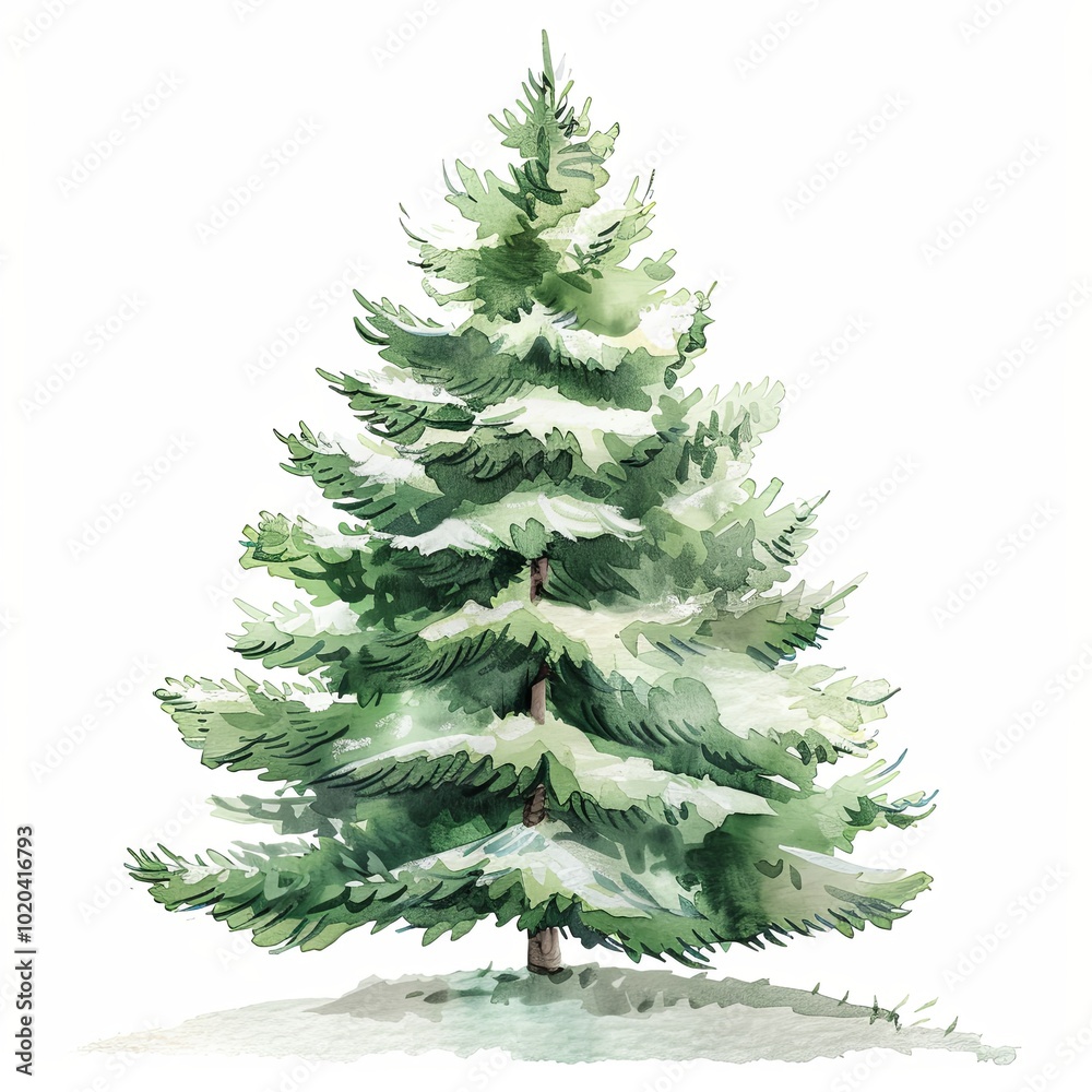 Fototapeta premium Watercolor Christmas tree with lush green branches lightly covered in snow, standing on a snowy ground. The tree is isolated against a white background, creating a serene and wintry feel