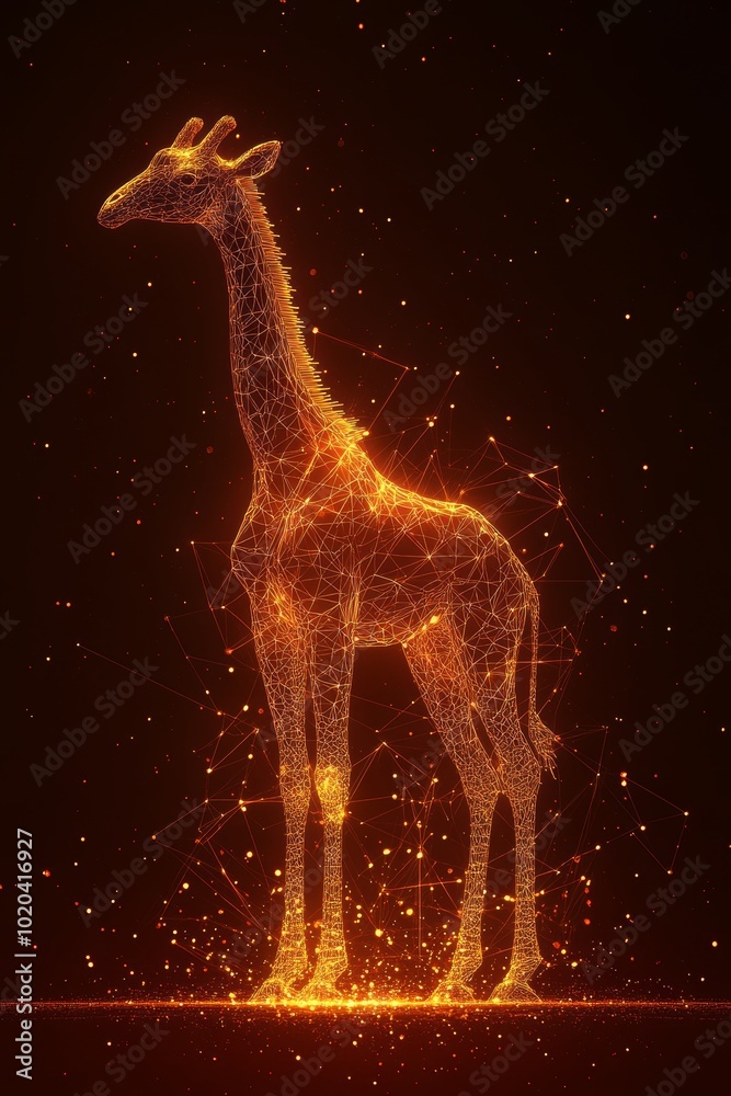 Digital Giraffe on Orange Technology Background, Abstract Wildlife Symbol, Lines, Connected Dots Digital Giraffe on Orange Technology Background, Abstract Wildlife Symbol, Lines, Connected Dots