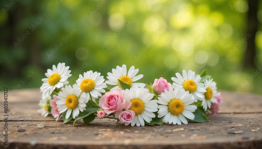 Obraz premium Delicate floral crown made of daisies and pink roses on a wooden table 