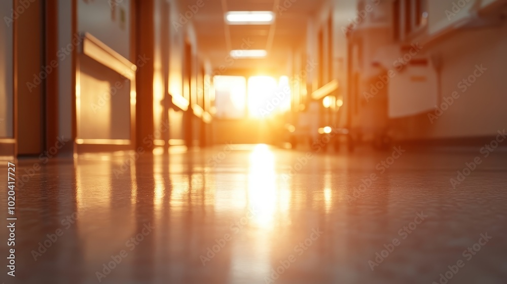 A hospital corridor is gently illuminated by the warm evening sunlight, creating a comforting ambiance amidst the sterile, clinical environment. A hospital corridor is gently illuminated by the warm evening sunlight, creating a comforting ambiance amidst the sterile, clinical environment.
