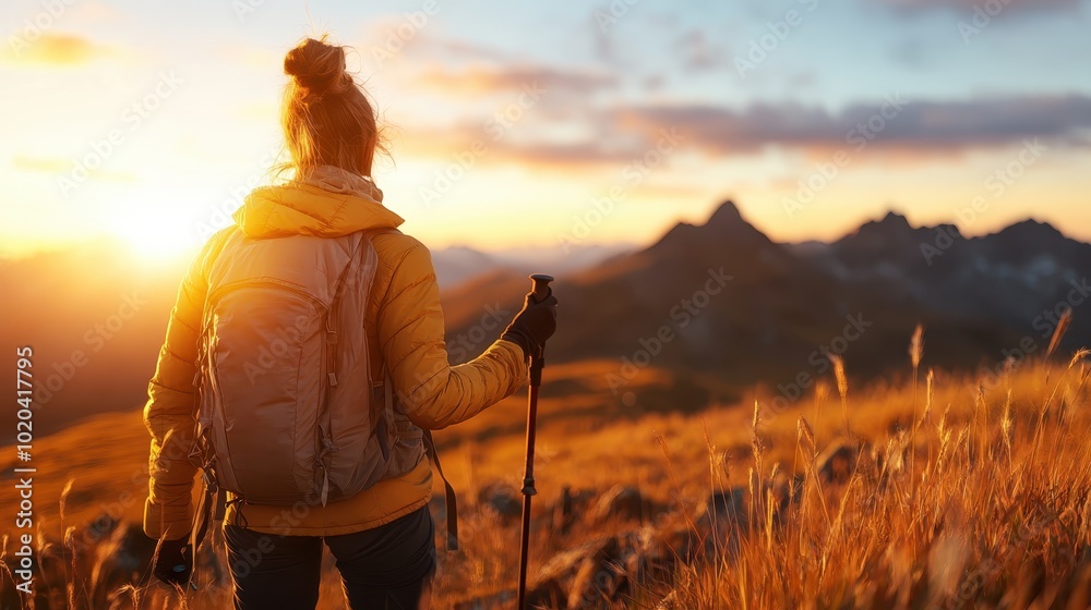Obraz premium A woman hiking with poles through a breathtaking mountain landscape at sunset, her backpack visible, capturing the essence of adventure and self-discovery in nature.
