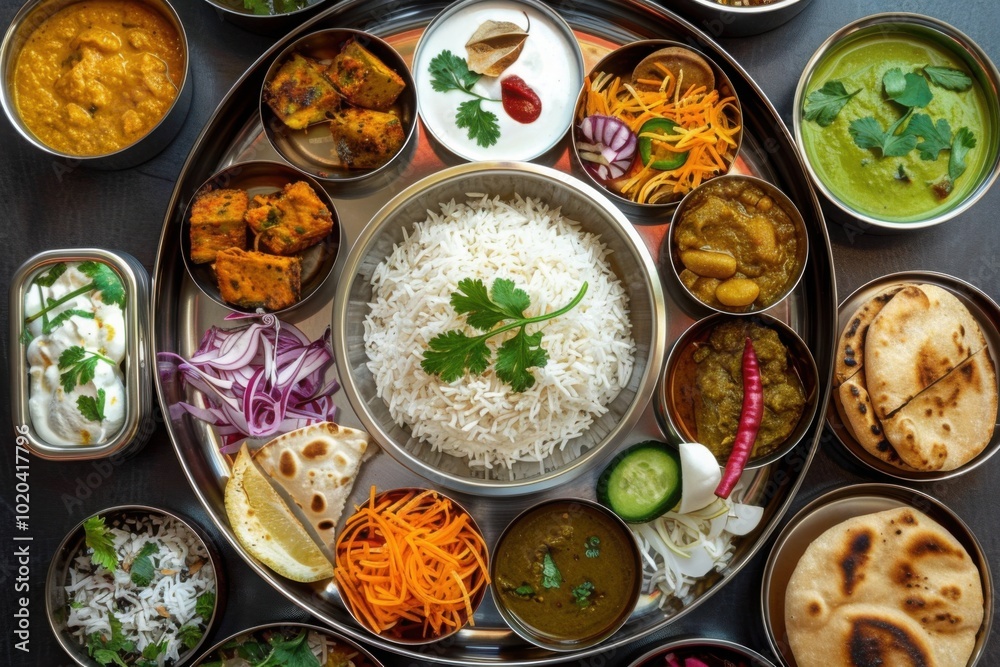 Traditional Indian thali with various dishes, including rice, curries, chapati, and condiments, showcasing authentic Indian cuisine
Traditional Indian thali with various dishes, including rice, curries, chapati, and condiments, showcasing authentic Indian cuisine