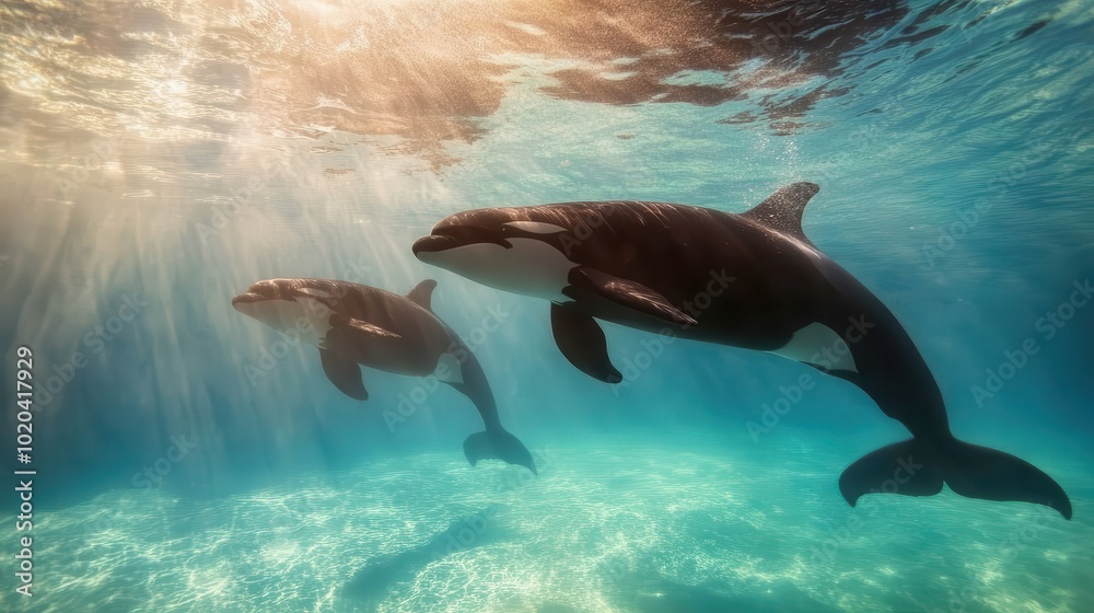Obraz premium Two dolphins gracefully swimming underwater as sunrays create a magical atmosphere. The serene underwater scene captures the beauty and tranquility of marine life.