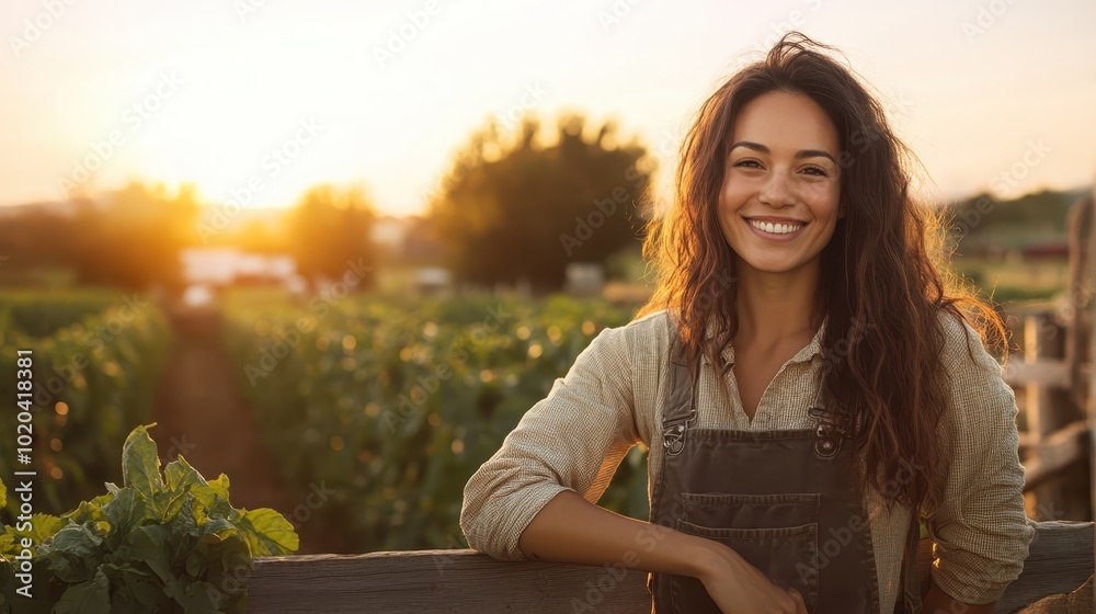A smiling woman in overalls stands beside a wooden fence on a farm, basking in the glow of an evening landscape, embodying peaceful rural contentment. A smiling woman in overalls stands beside a wooden fence on a farm, basking in the glow of an evening landscape, embodying peaceful rural contentment.