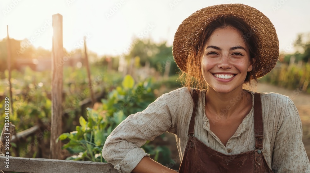 Obraz premium A cheerful woman wearing a straw hat and overalls is leaning on a fence in a lush vegetable garden, smiling warmly as the sun sets behind her, creating a serene ambiance.
