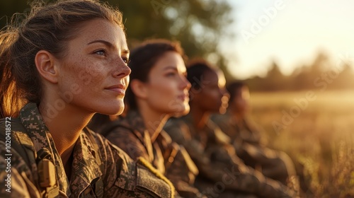 A line of female soldiers in camouflage, sitting in an open field, exuding calmness and focus as they gaze into the distance, creating a sense of unity and resolve.