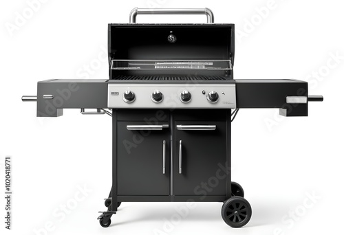 A black gas grill with four burners, a side shelf, and wheels for mobility