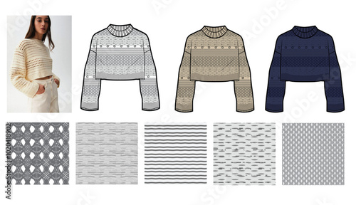Women Sweater Mix Crochet Stitch Top, production drawing, technical drawing / flat sketch /CAD / ADOBE Illustrator vector digital download