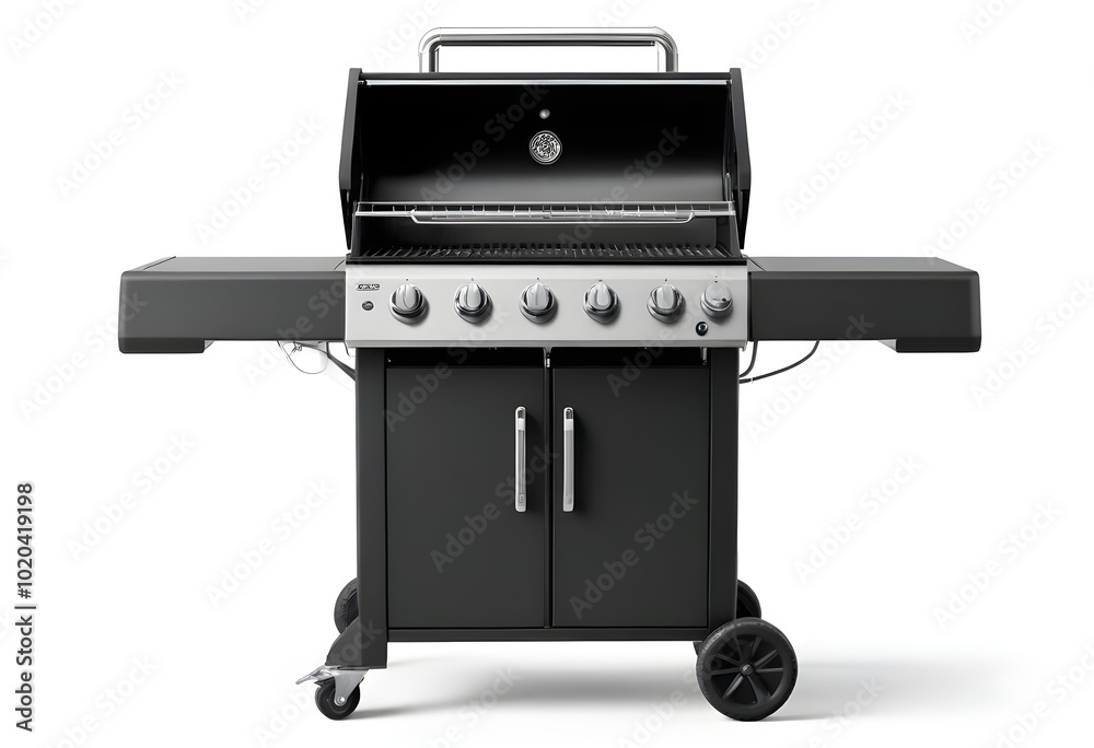 A black gas grill with four burners, a side shelf, and wheels for mobility A black gas grill with four burners, a side shelf, and wheels for mobility