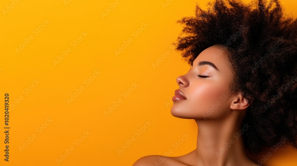 Beautiful side profile of a woman showcasing her exquisite afro hairstyle against a bold orange background, representing self-confidence and natural beauty. Beautiful side profile of a woman showcasing her exquisite afro hairstyle against a bold orange background, representing self-confidence and natural beauty.