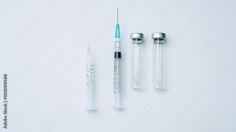A syringe and three transparent vials filled with clear liquid, neatly arranged on a bright white background. A syringe and three transparent vials filled with clear liquid, neatly arranged on a bright white background.