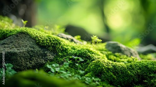 Beautiful bright green moss grown up covering the rough stones and the forest floor. Macro view showing rocks full of moss texture in nature, suitable for wallpaper.