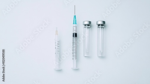 A syringe and three transparent vials filled with clear liquid, neatly arranged on a bright white background.