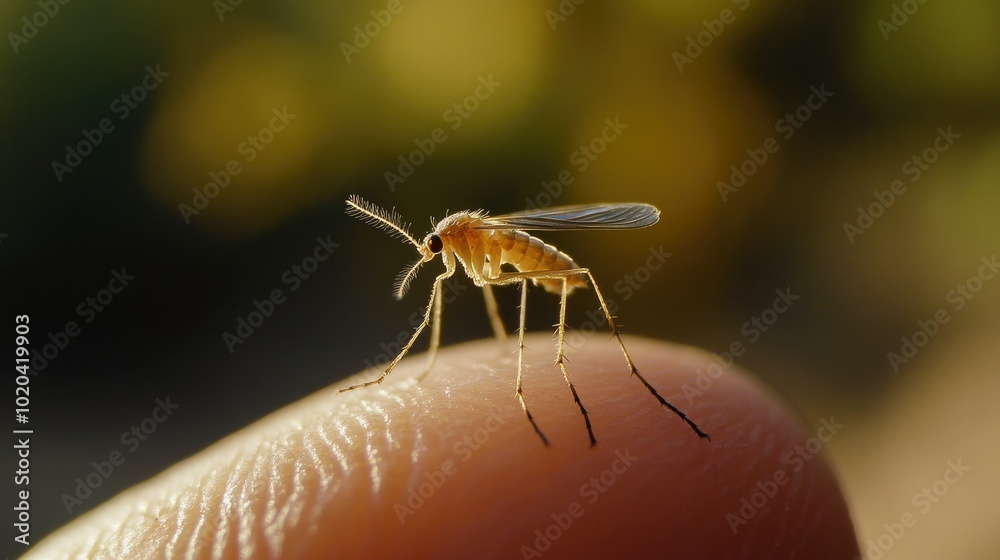 A tiny mosquito clinging to a finger, showing its intricate features and thin, fragile legs.