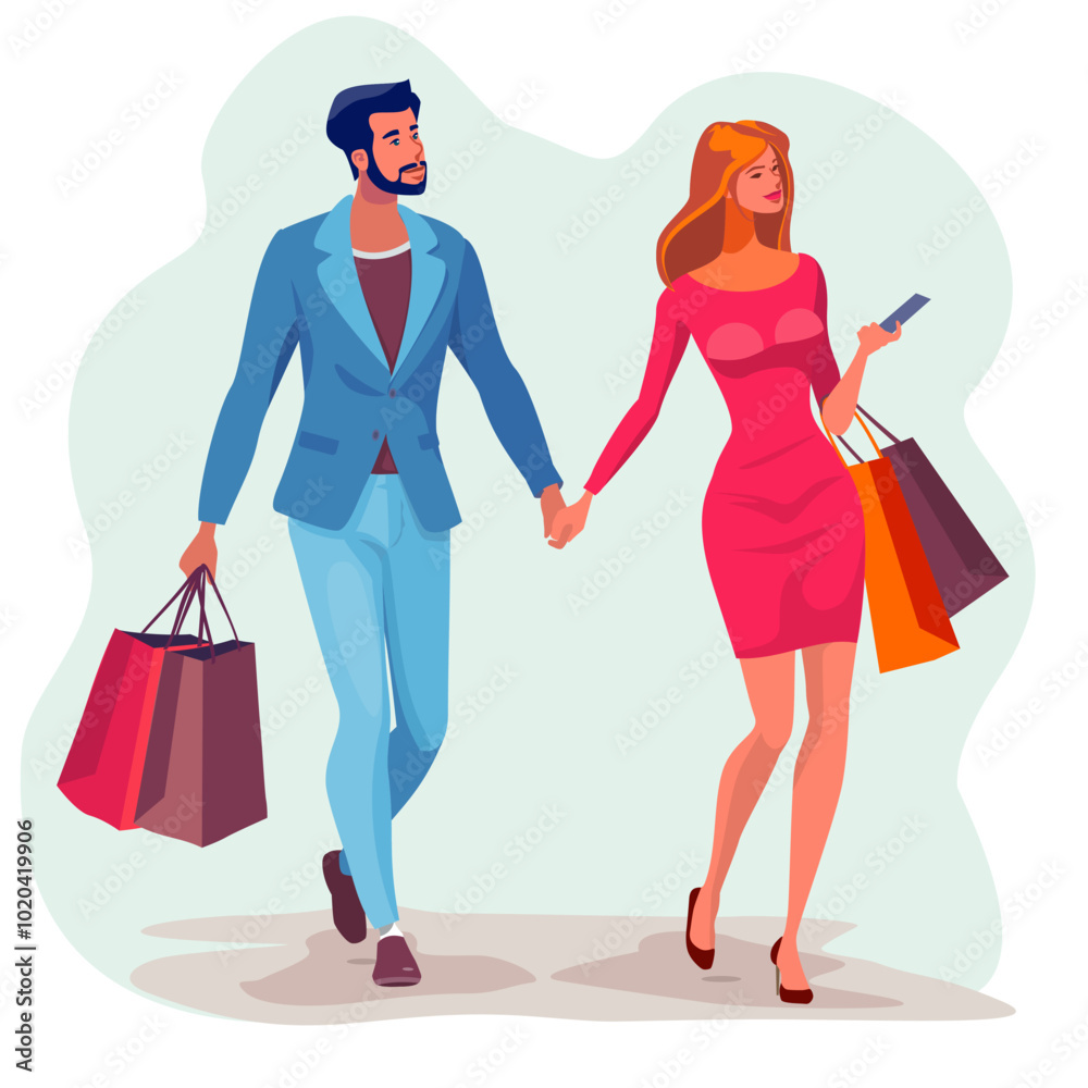 Couple walking hand in hand with shopping bags, wedding plans Couple walking hand in hand with shopping bags, wedding plans