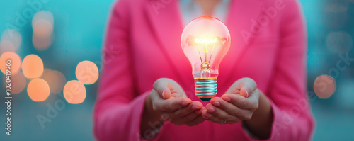 Obraz na płótnie Innovative businesswoman holding glowing lightbulb, symbolizing creativity and ideas, against blurred city background w salonie