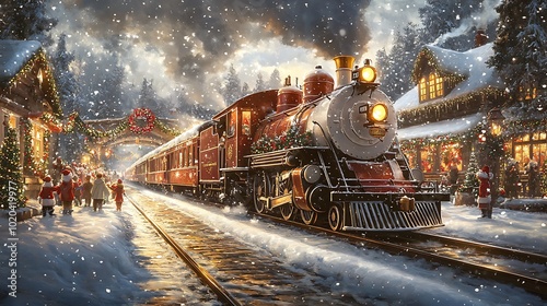 Santa Claus aboard a beautifully decorated holiday train, waving to children as the train passes through a snowy village, the train’s windows glowing with warm light, snowflakes falling gently,