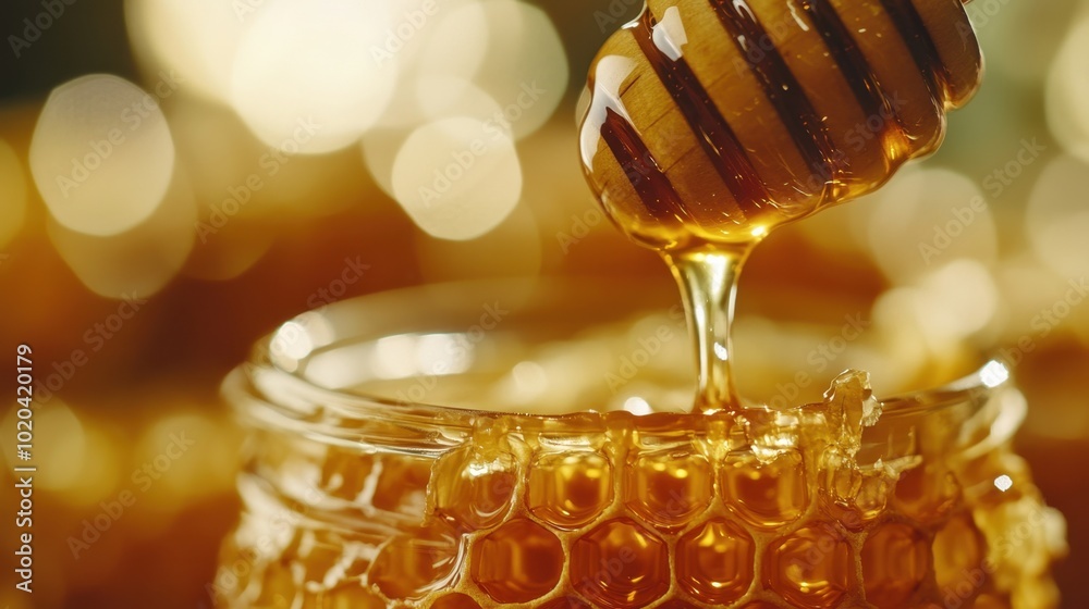 A close-up of fresh honeycomb and a glass jar of honey, with a wooden dipper slowly drizzling honey, creating a delicious, healthy dessert scene