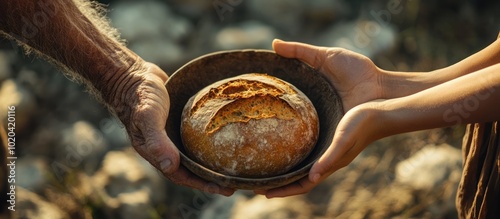 Close-up of two hands, one offering a loaf of bread in a bowl to another.