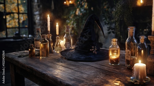 A wooden table with a black witch's hat, potions in glass bottles, and a candle-lit eerie setting.