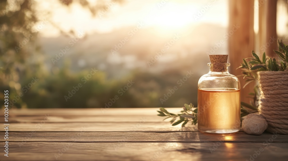 A corked glass bottle containing a golden liquid is placed on a rustic wooden tabletop, with foliage and a scenic view in the background adding natural charm. A corked glass bottle containing a golden liquid is placed on a rustic wooden tabletop, with foliage and a scenic view in the background adding natural charm.
