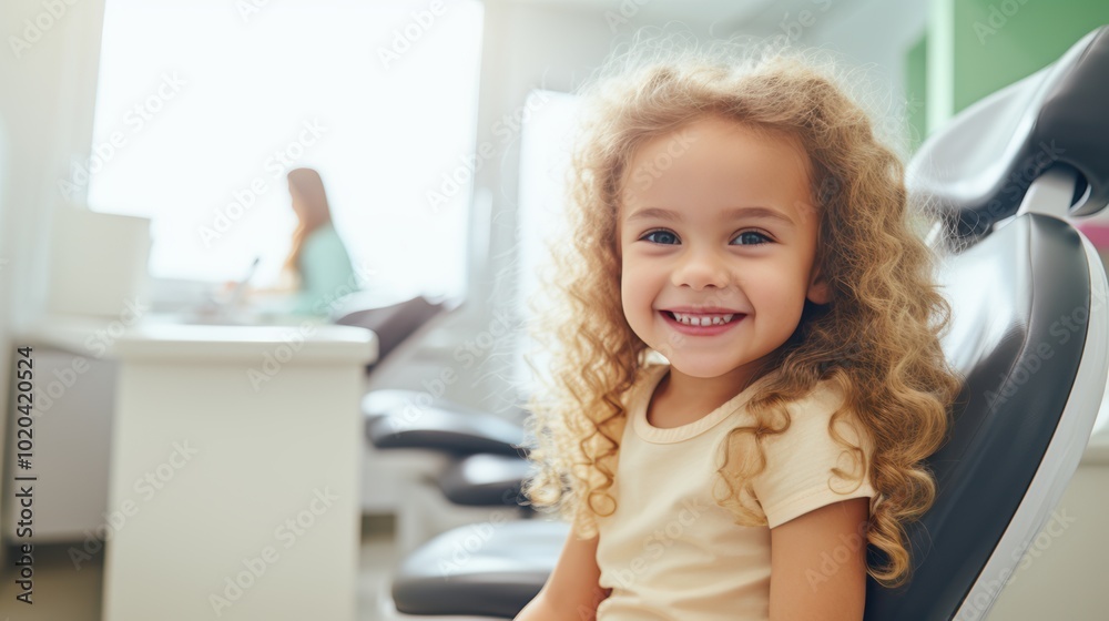 young girl is sitting in a dentist's chair with a pink headrest. She is smiling and she is enjoying her visit to the dentist young girl is sitting in a dentist's chair with a pink headrest. She is smiling and she is enjoying her visit to the dentist