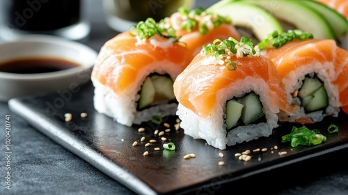 A close-up image of sushi rolls topped with fresh salmon slices, garnished with sesame seeds and greens, showcasing exquisite culinary craftsmanship.