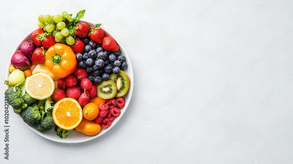 A vibrant plate of fresh fruits and vegetables sits on a clean white table A vibrant plate of fresh fruits and vegetables sits on a clean white table