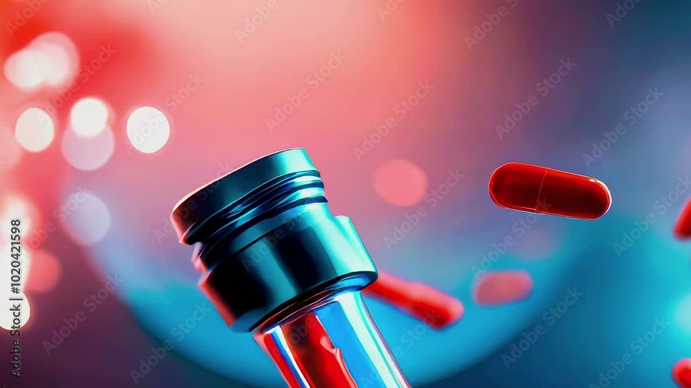 Red capsules falling into a glass container, with a blue cap, against a blurry background of red and blue bokeh.