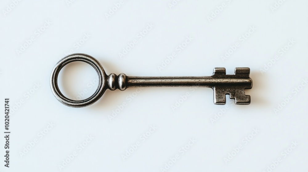Close-up of a single metal key on a white background, representing security and access. Close-up of a single metal key on a white background, representing security and access.