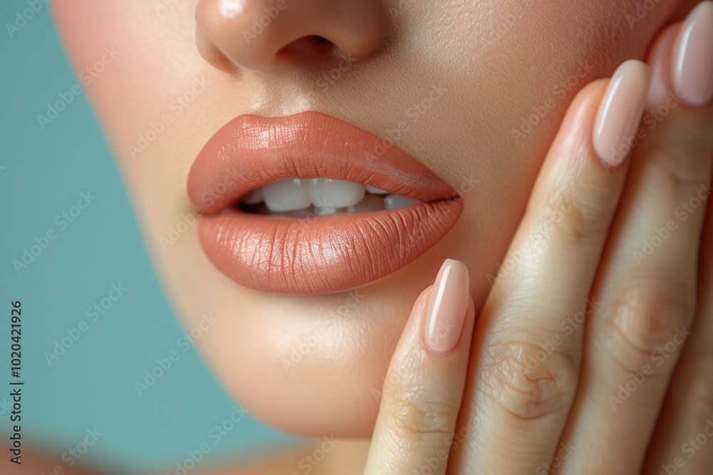 Obraz premium Close-up of a woman's lips and hand, showcasing natural makeup and well-manicured nails.