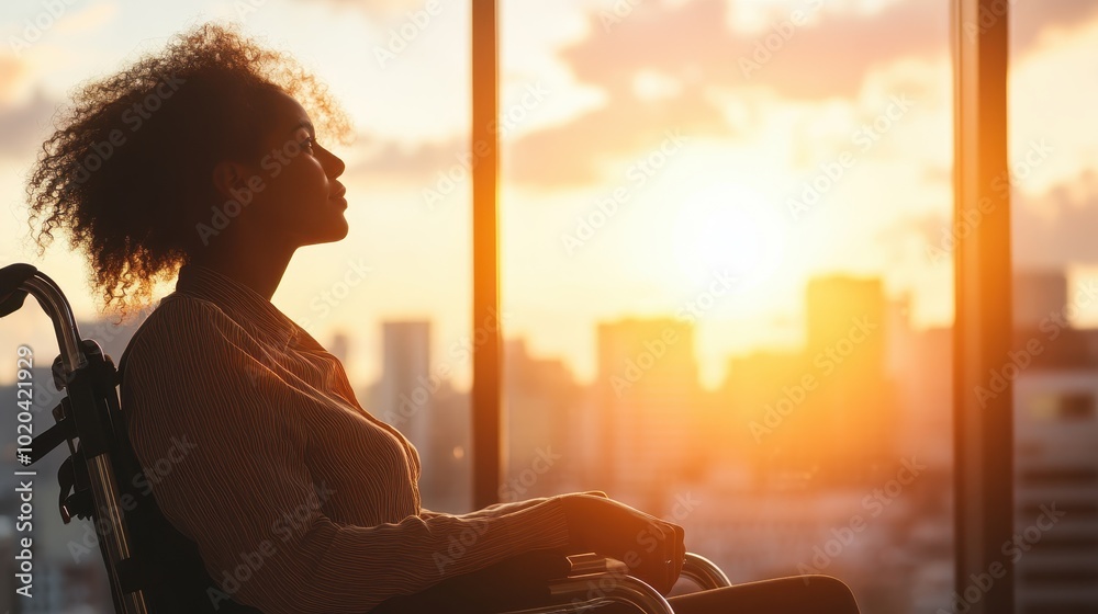 A silhouette of a woman in a wheelchair, framed by a bright cityscape at sunset, portraying strength, independence, and the beauty of urban life at dusk. A silhouette of a woman in a wheelchair, framed by a bright cityscape at sunset, portraying strength, independence, and the beauty of urban life at dusk.