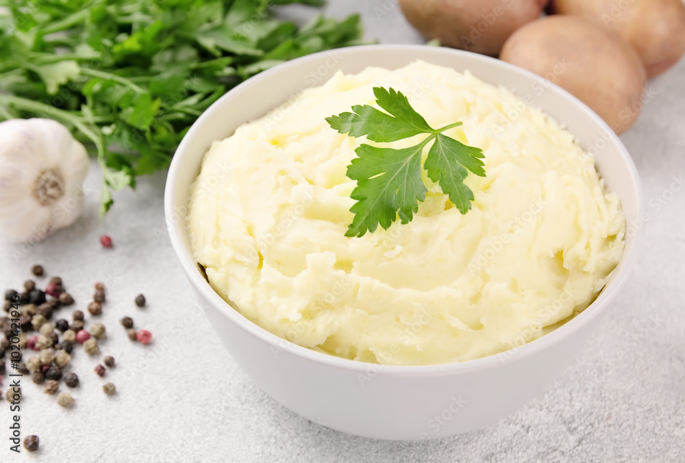 Mashed potatoes in white bowl on grey concrete background. Healthy food Mashed potatoes in white bowl on grey concrete background. Healthy food