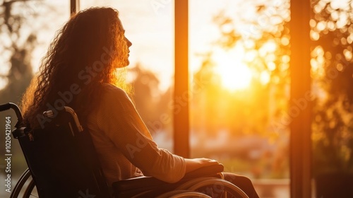 This moving image captures a woman in a wheelchair, looking pensively out of a large window at a warm, glowing sunset, symbolizing hope and contemplation. photo