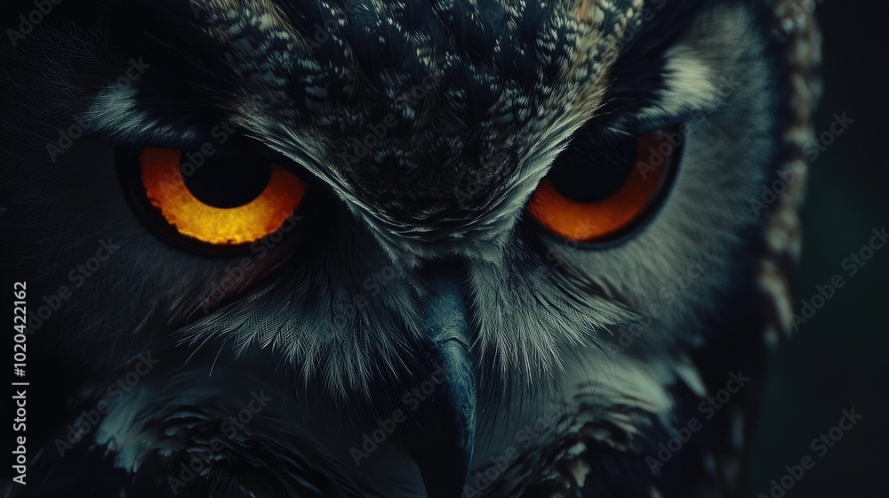 Close-up of an owl eyes, glowing brightly, with fine feather details standing out on a black background. Close-up of an owl eyes, glowing brightly, with fine feather details standing out on a black background.