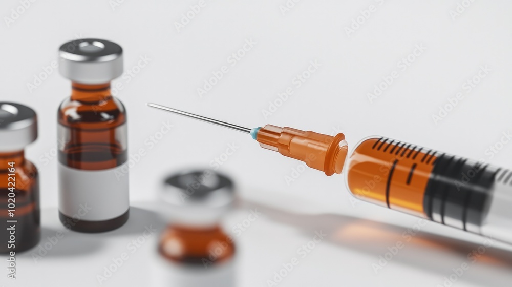 Close-up of a syringe filled with liquid, placed beside a set of small sealed vials on a bright white background. Close-up of a syringe filled with liquid, placed beside a set of small sealed vials on a bright white background.