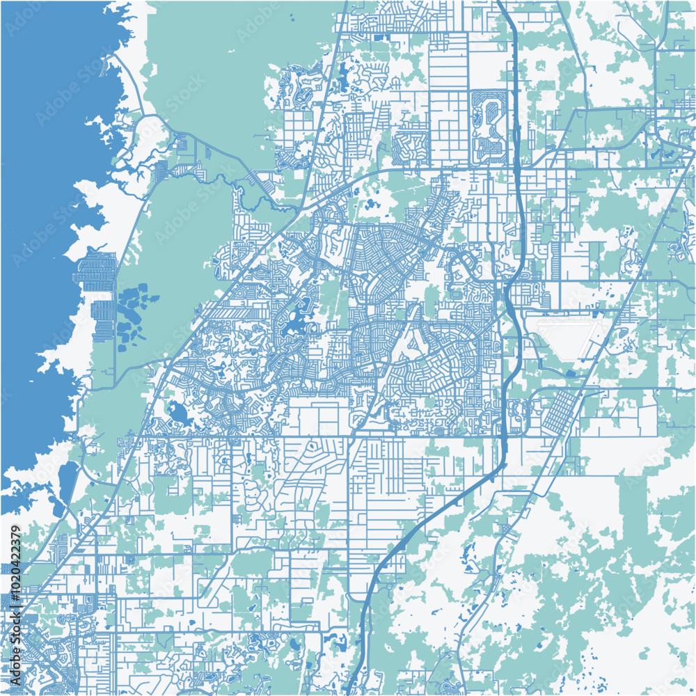 Naklejka premium Map of Spring Hill in Florida in a professional blue style. Contains layered vector with roads water, parks, etc.