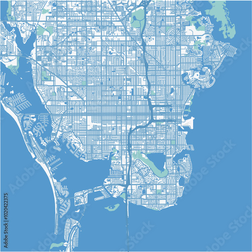 Map of St. Petersburg in Florida in a professional blue style. Contains layered vector with roads water, parks, etc.