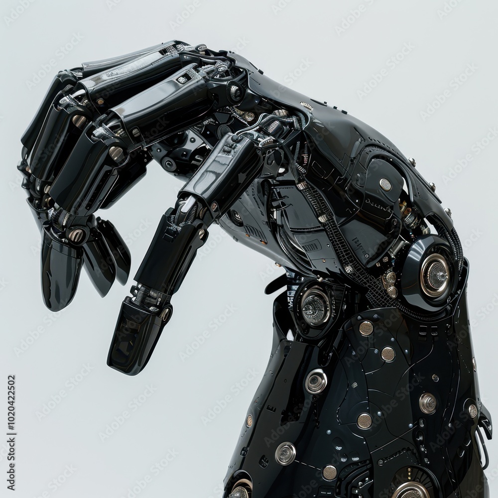 A futuristic robotic arm is showcased, emphasizing intricate details, shiny black surfaces, and mechanical elements, This image can be used in technology, robotics, and innovation-related projects, A futuristic robotic arm is showcased, emphasizing intricate details, shiny black surfaces, and mechanical elements, This image can be used in technology, robotics, and innovation-related projects,